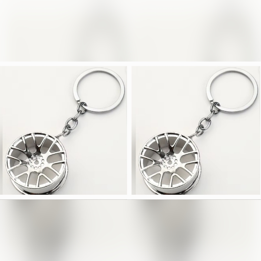 2 New Car Wheel Rim Metal Keychains Silver